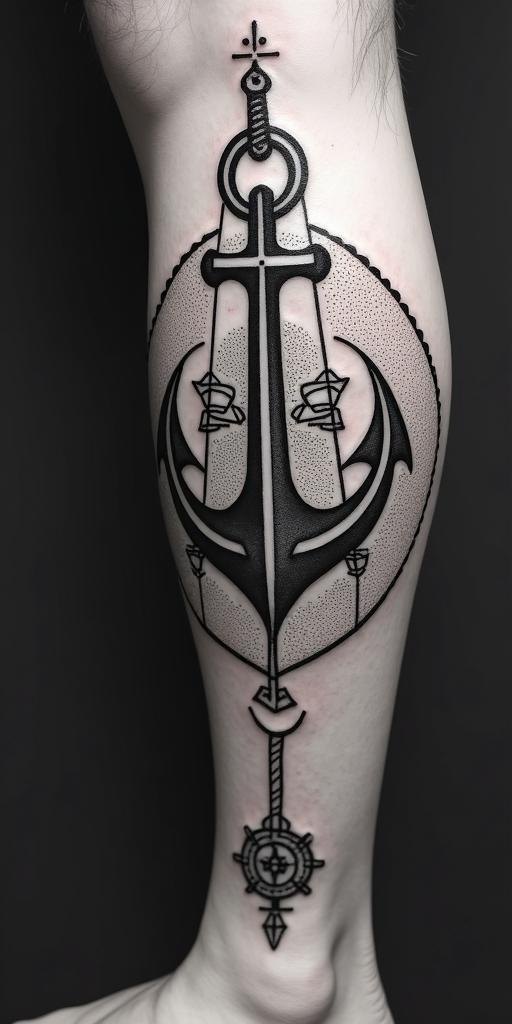 Anchor with nautical rope and compassin dotwork style tattoo, complex mandala patterns, interlocking geometric shapes with sharp symmetry, clean lines, sharp angles - Variation 5
