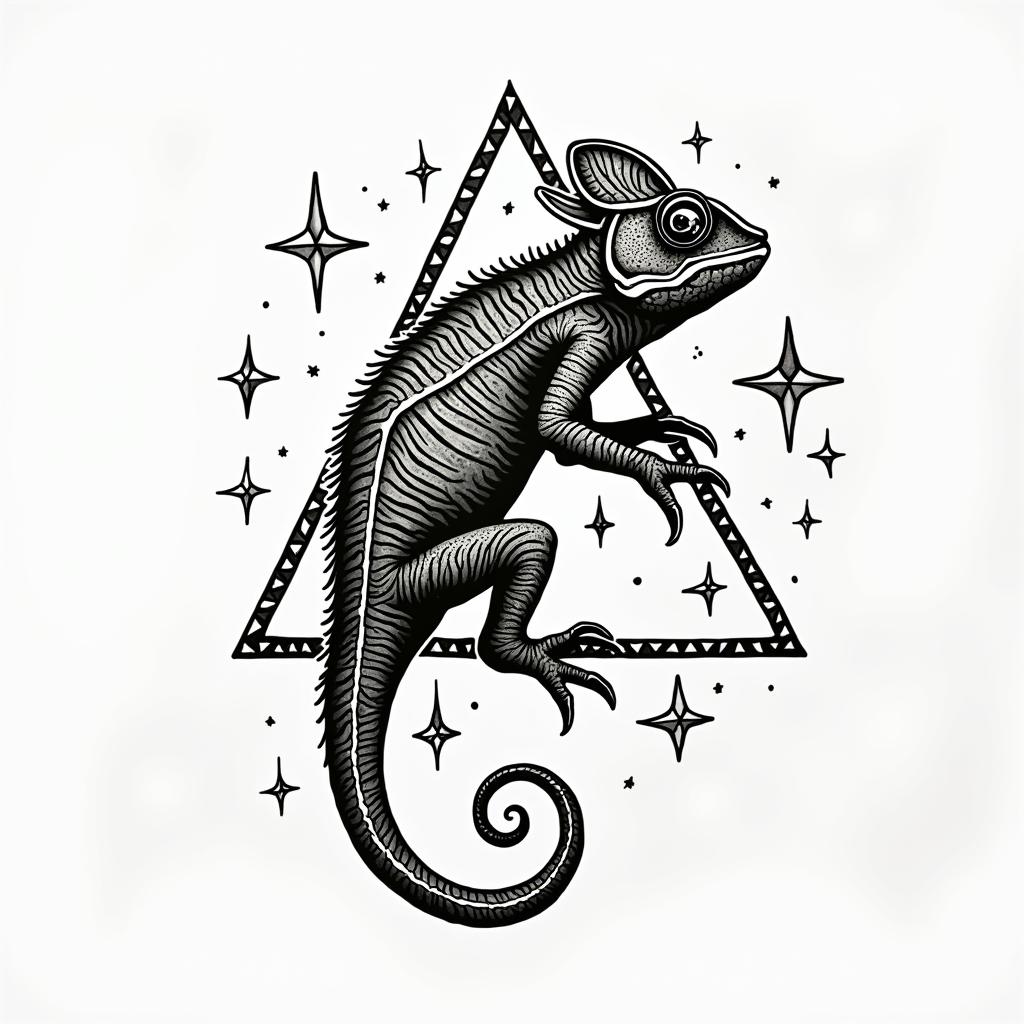 Geometric chameleon surrounded by triangles and starshigly detailed tattoo - Variation 2