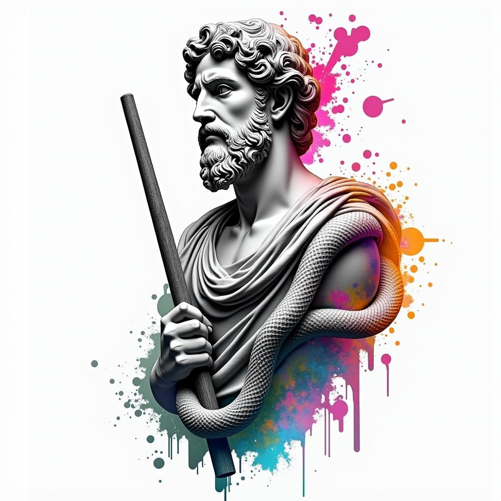 Asclepius holding rod 
Greek mythology. Make sure to add snake around rodin distorted and fragmented tattoo design, featuring a classical statue bust, in a glitch art style with vibrant, overlapping colors of cyan, magenta, and yellow, creating a digital distortion effect