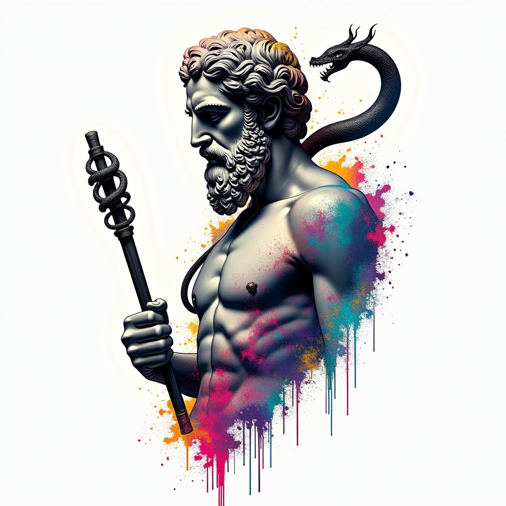 Asclepius holding rod 
Greek mythology. Make sure to add snake around rodin distorted and fragmented tattoo design, featuring a classical statue bust, in a glitch art style with vibrant, overlapping colors of cyan, magenta, and yellow, creating a digital distortion effect - Variation 3