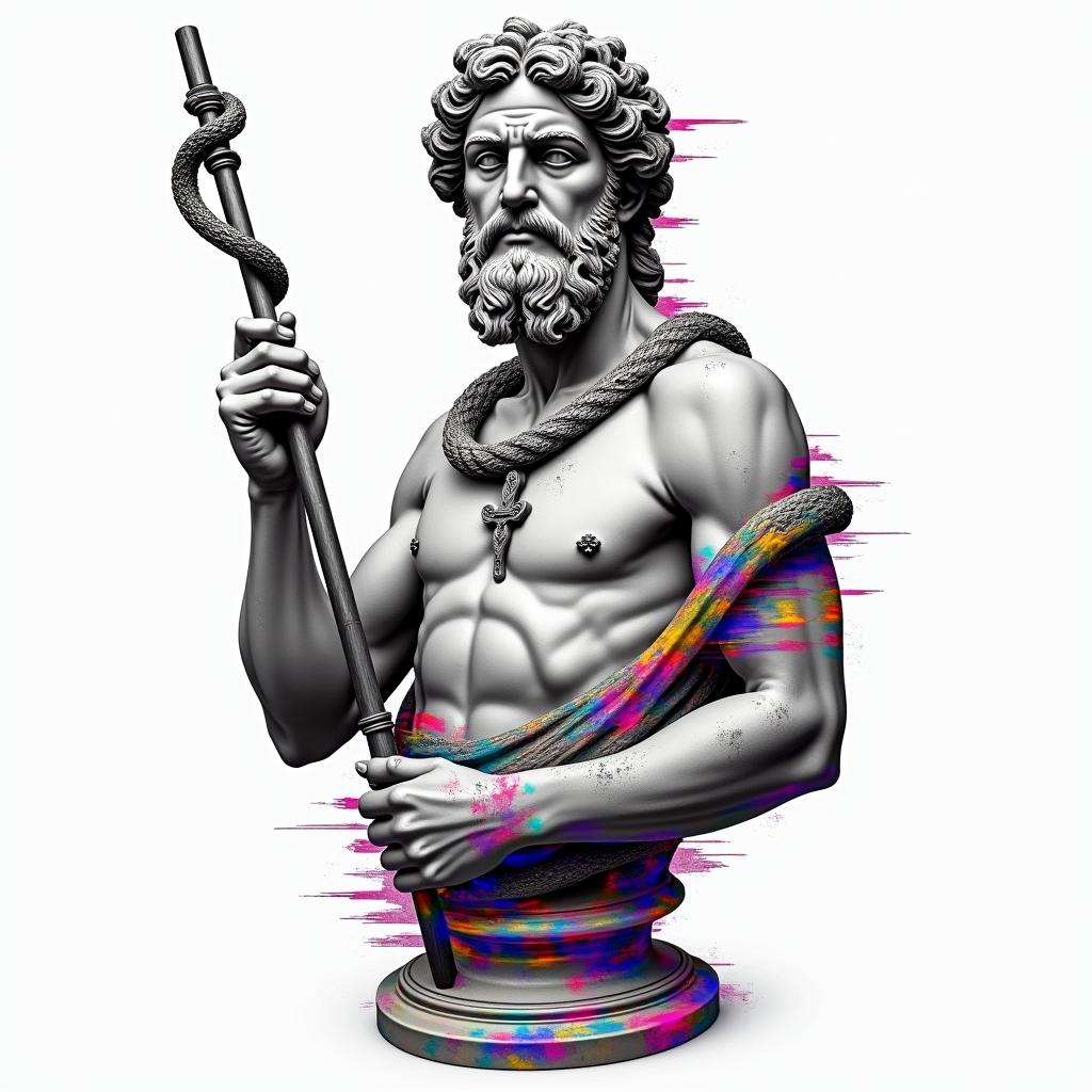 Asclepius holding rod 
Greek mythology. Make sure to add snake around rodin distorted and fragmented tattoo design, featuring a classical statue bust, in a glitch art style with vibrant, overlapping colors of cyan, magenta, and yellow, creating a digital distortion effect - Variation 2