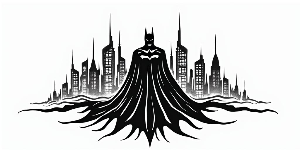 Silhouette of Batman against the horizon of Gothamin tribal tattoo style, featuring bold and black geometric shapes, curved lines, intertwine and flow seamlessly, creating a powerful and symbolic design, polynesian and maori styles - Variation 4