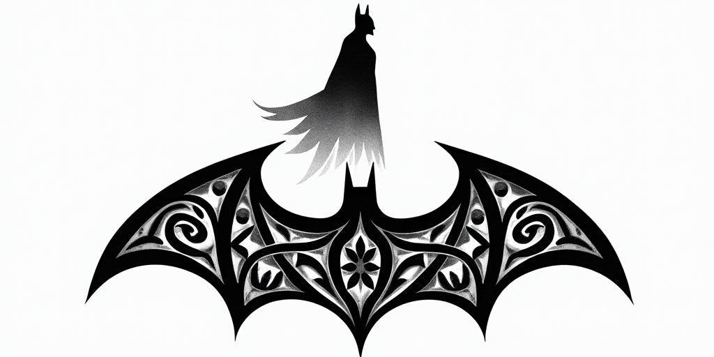 Silhouette of Batman against the horizon of Gothamin tribal tattoo style, featuring bold and black geometric shapes, curved lines, intertwine and flow seamlessly, creating a powerful and symbolic design, polynesian and maori styles - Variation 3