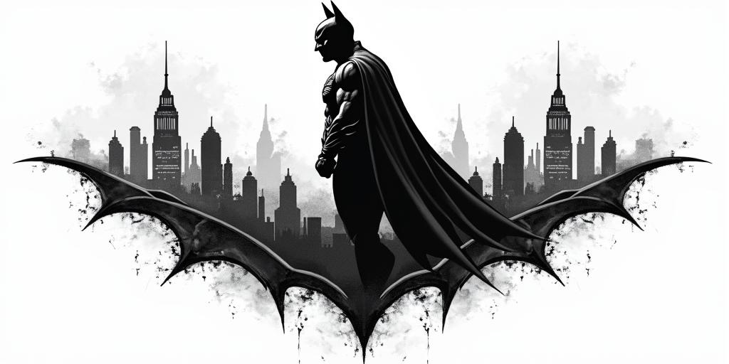 Silhouette of Batman against the horizon of Gothamin tribal tattoo style, featuring bold and black geometric shapes, curved lines, intertwine and flow seamlessly, creating a powerful and symbolic design, polynesian and maori styles