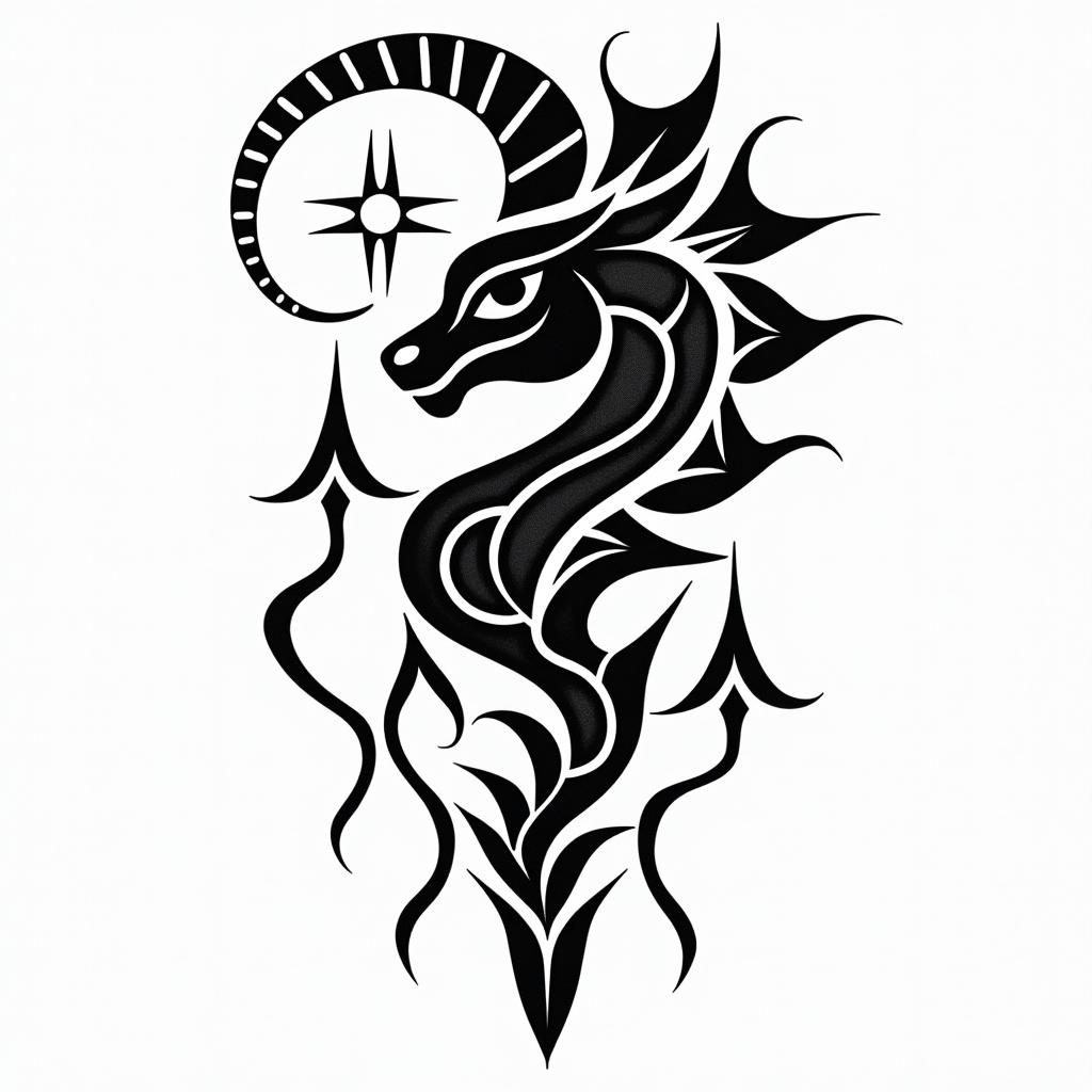 Simona Capricorn nature mountain nordic godsin tribal tattoo style, featuring bold and black geometric shapes, curved lines, intertwine and flow seamlessly, creating a powerful and symbolic design, polynesian and maori styles - Variation 2