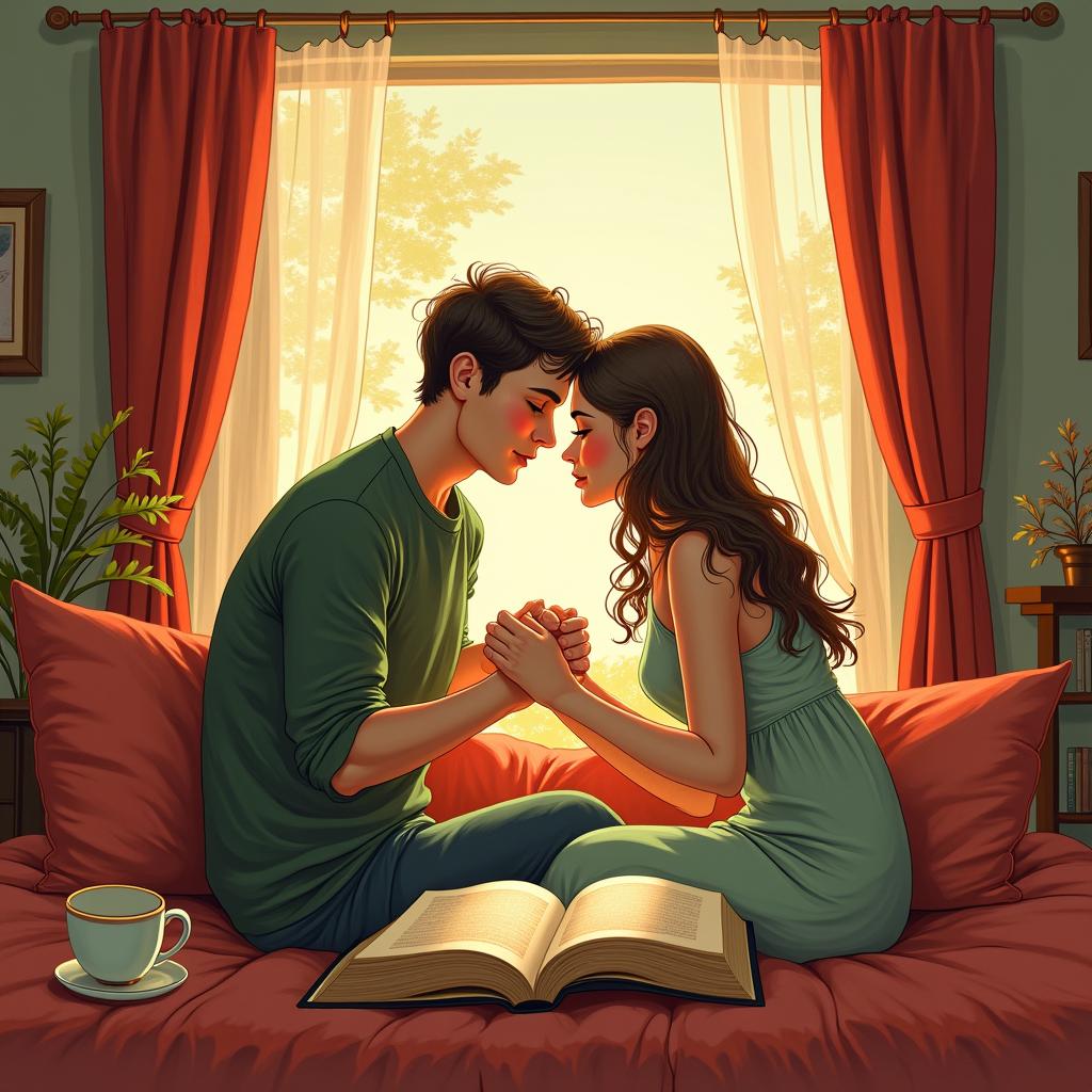 Illustration of a cozy bedroom with sunlight streaming in, highlighting two open books and a cup of tea. The intertwined figures represent intimacy, created in rich reds, greens, and browns to enhance the peaceful atmosphere.undefined - Variation 1