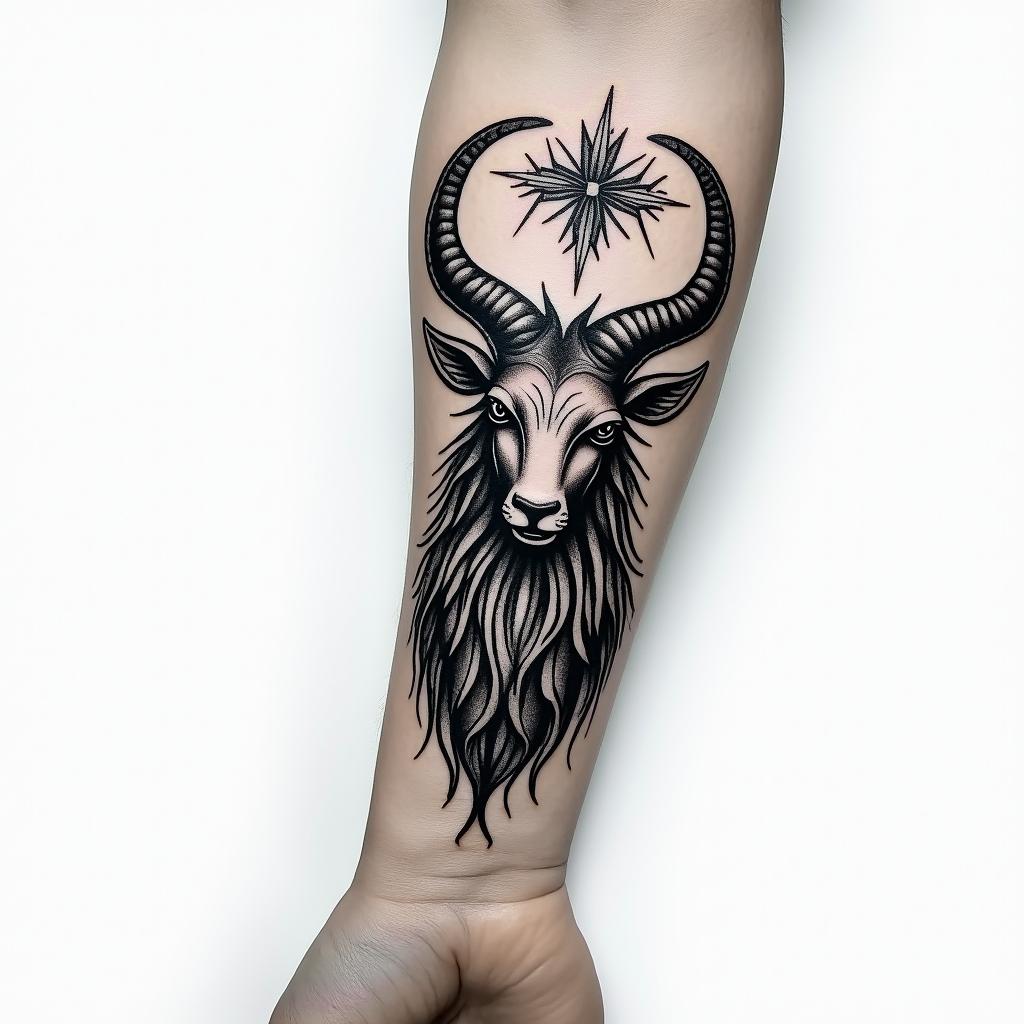 A tattoo that looks imposing, that commands respect, featuring the Capricorn sign, extending from the forearm to the hand.higly detailed tattoo - Variation 2