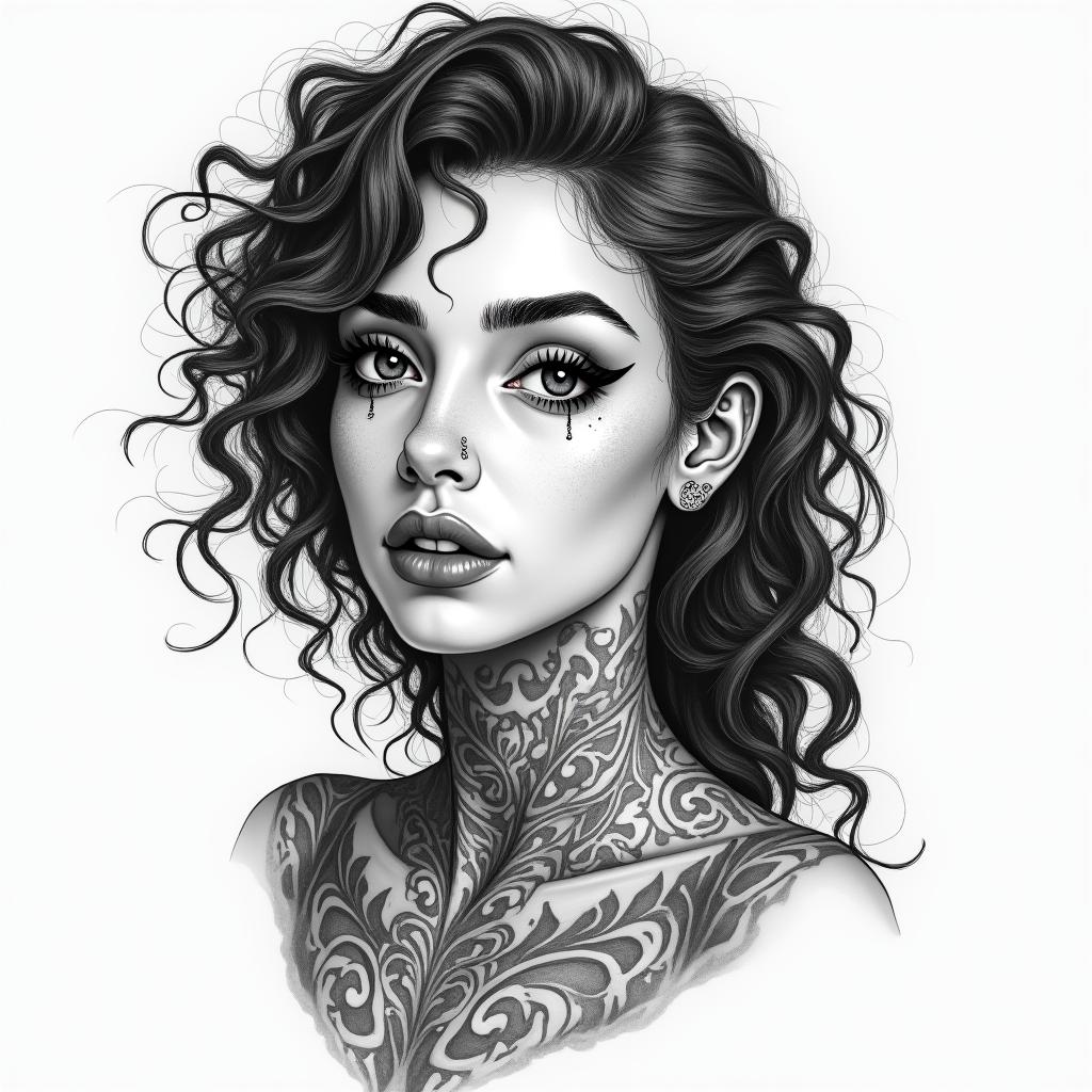 Gabriela, 22 years old, curly hair, brunette, piercing in the eyebrow, in the mouth, and in the nose. Zodiac sign Libra.higly detailed tattoo