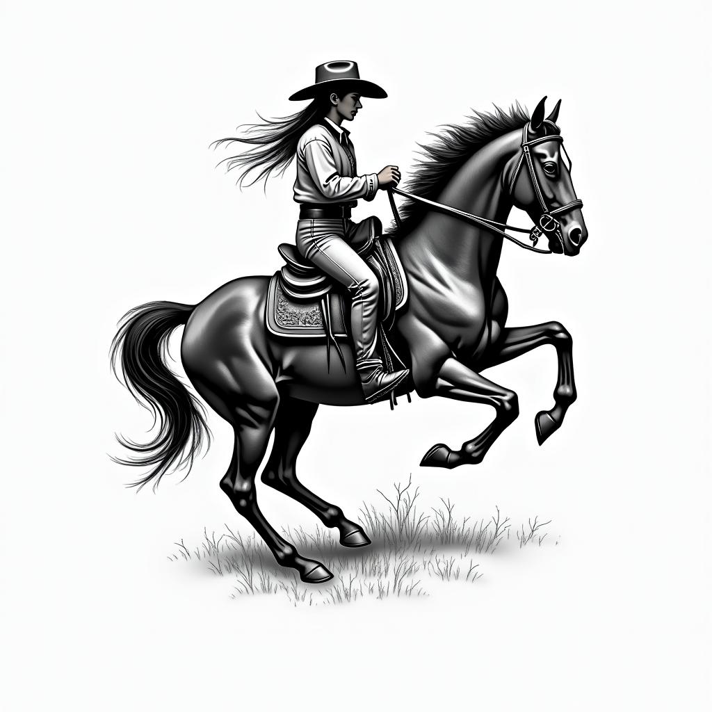 Love for western ridingin authentic tattoo style, incorporating traditional modifications, bold black outlines, solid color fills, featuring classic authentic elements - Variation 5