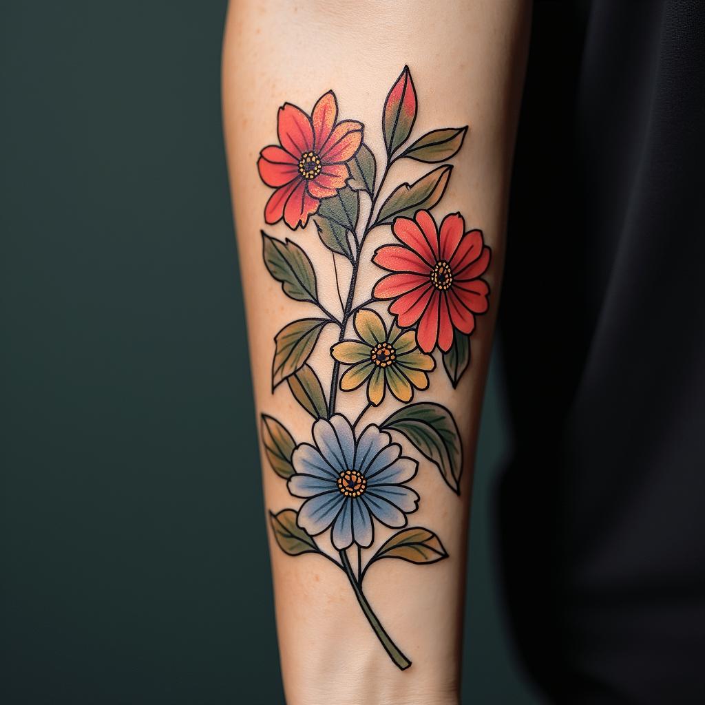Flowers with the phrases "she gave me life" "he gave me purpose" "she gave me strength"in new school tattoo, pop culture, modern, detailed tattoo, illustrative