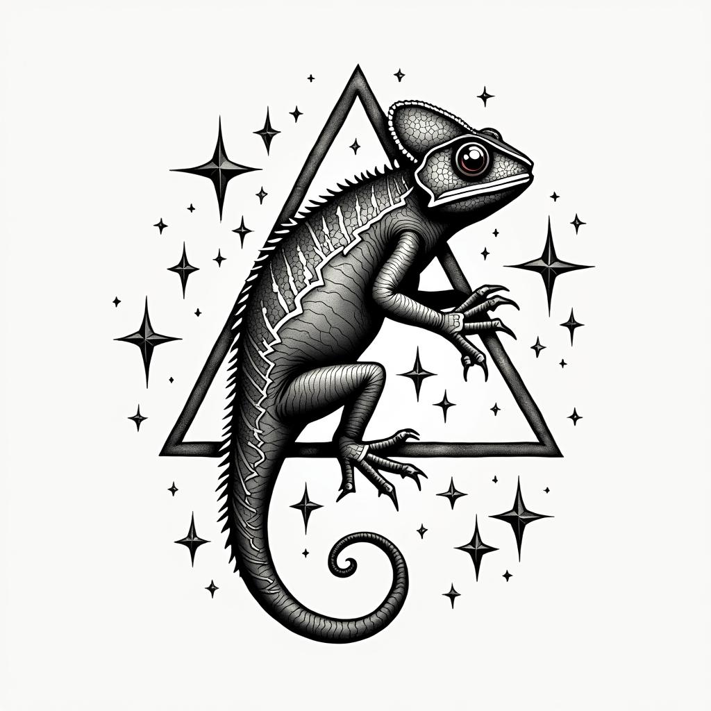 Geometric chameleon surrounded by triangles and starshigly detailed tattoo
