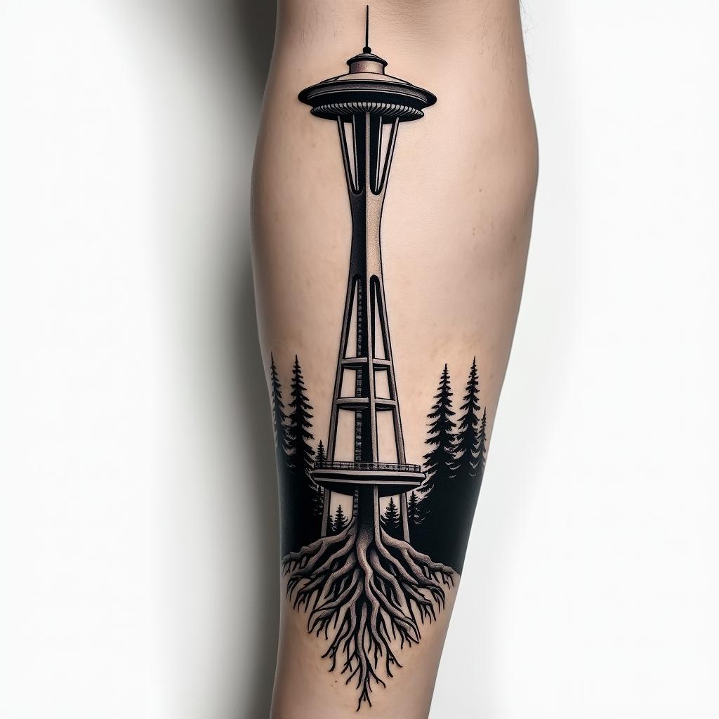 Arm sleeve tattoo with a Pacific Northwest theme and a space needle with tree roots as the bottom with the number 999 hidden in the tattooin realism tattoo style, featuring a highly detailed, lifelike, capturing every detail, photorealistic, ultra realistic, intricate shading, smooth and sharp, - Variation 4