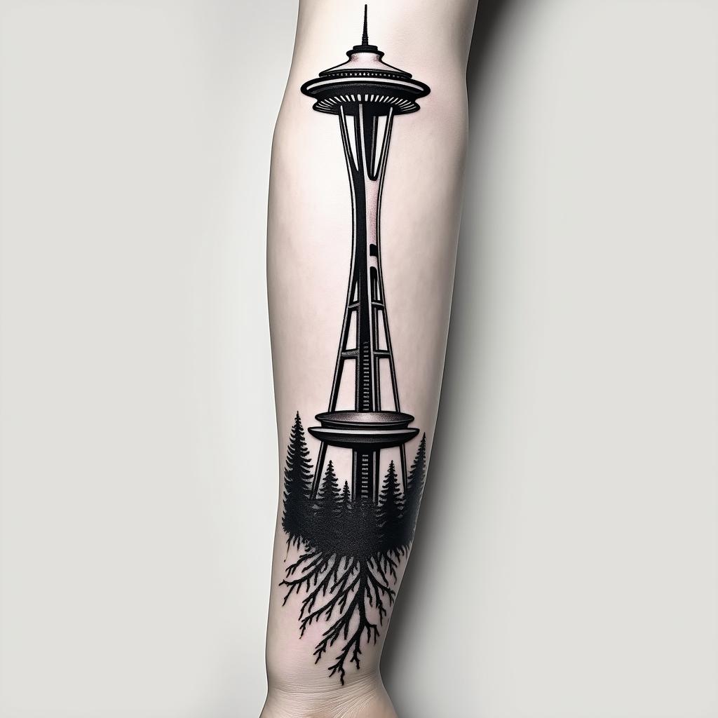 Arm sleeve tattoo with a Pacific Northwest theme and a space needle with tree roots as the bottom with the number 999 hidden in the tattooin realism tattoo style, featuring a highly detailed, lifelike, capturing every detail, photorealistic, ultra realistic, intricate shading, smooth and sharp, - Variation 3