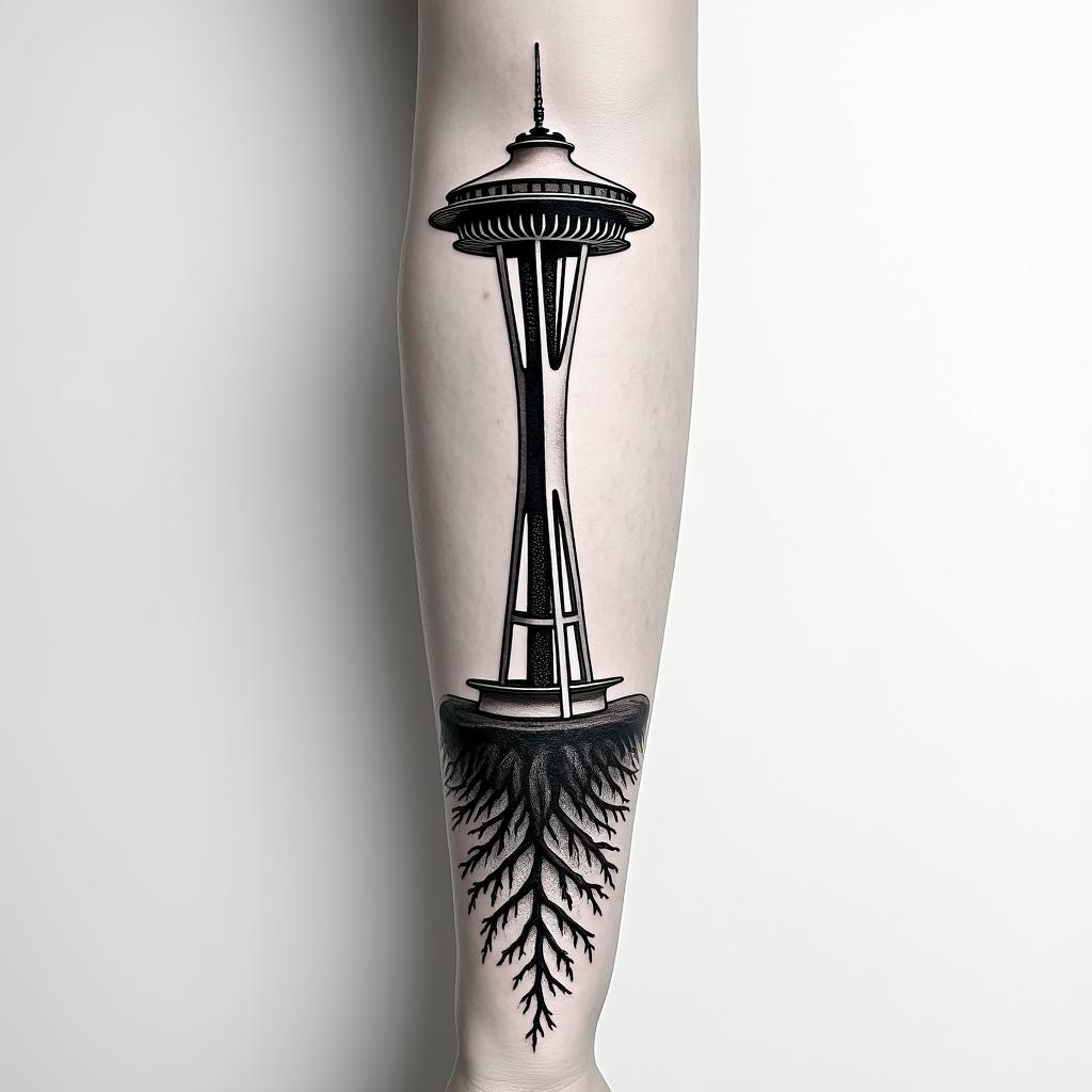 Arm sleeve tattoo with a Pacific Northwest theme and a space needle with tree roots as the bottom with the number 999 hidden in the tattooin realism tattoo style, featuring a highly detailed, lifelike, capturing every detail, photorealistic, ultra realistic, intricate shading, smooth and sharp, - Variation 1