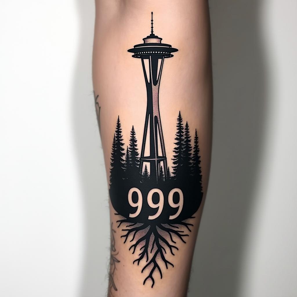 Arm sleeve tattoo with a Pacific Northwest theme and a space needle with tree roots as the bottom with the number 999 hidden in the tattooin realism tattoo style, featuring a highly detailed, lifelike, capturing every detail, photorealistic, ultra realistic, intricate shading, smooth and sharp, - Variation 2