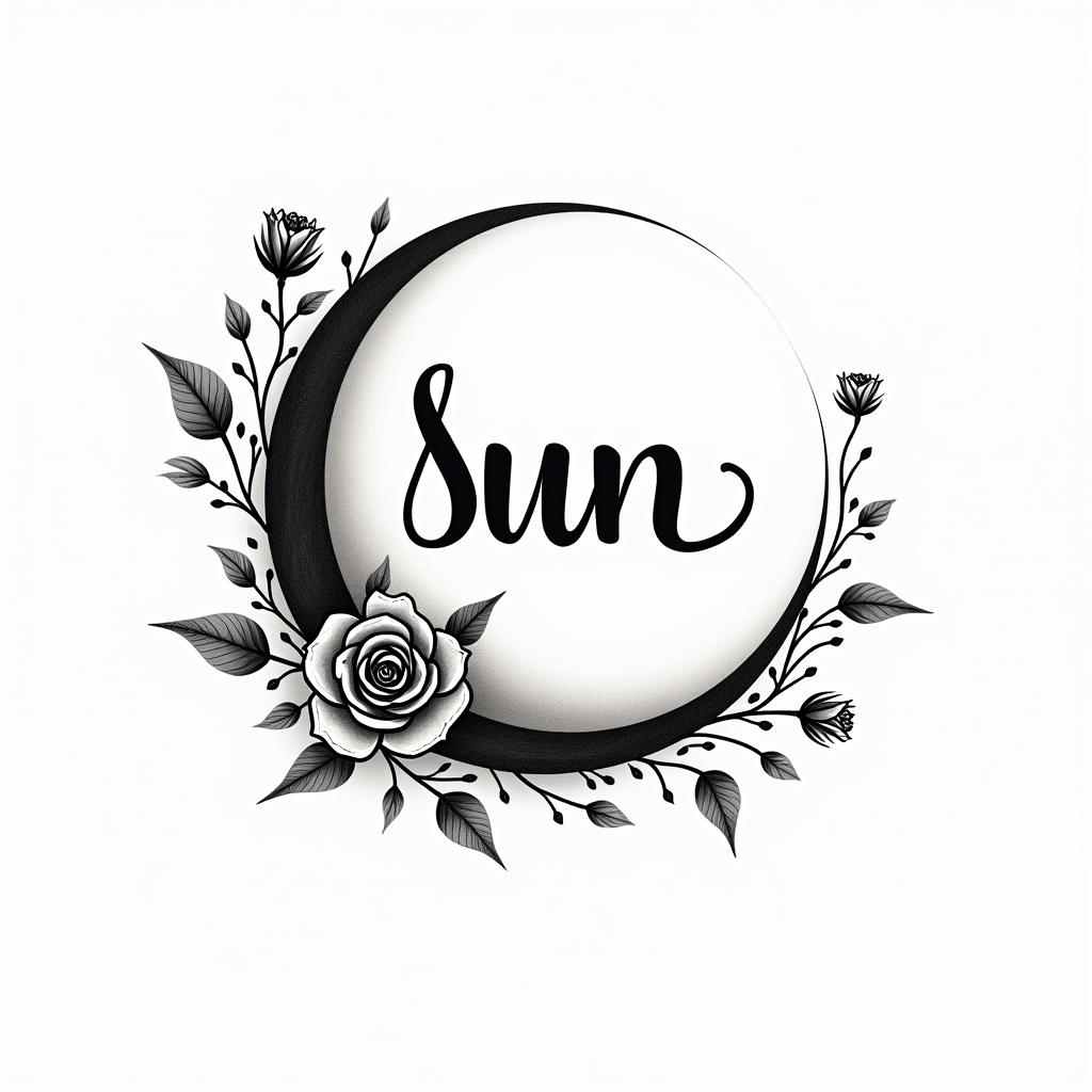 Simple sun and moonin elegant cursive calligraphy style 2d tattoo, decorate with roses, featuring a smooth and flowing handwritten script with slightly thickened strokes for a luxurious and bold appearance,  heart symbol between names,  sleek and glossy black text with shadowing, minimalist matte white background, clean and sharp edges, illuminated with soft lighting, romantic, 8k, high-quality textures with refined typography
