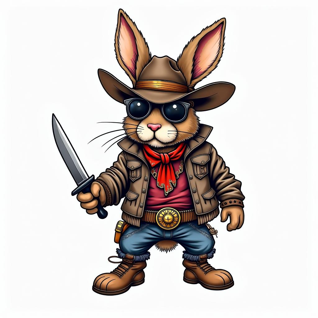 A western outlaw rabbit holding a knifein new school tattoo, pop culture, modern, detailed tattoo, illustrative
