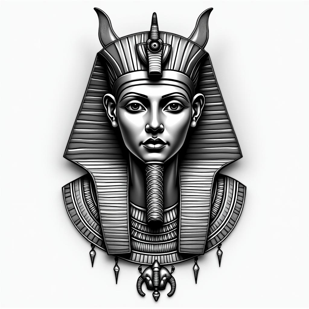 I’m from Trinidad and Tobago grew up in Canada zodiac sign is Capricorn I’m half East Indian decent and blackin egyptian style tattoo, bold elements of ancient egyptian culture including a portrait of an Egyptian pharaoh with detailed facial features, in hieroglyphs and symbolic imagery, eye of horus, ankh symbol, scarab beetle - Variation 2