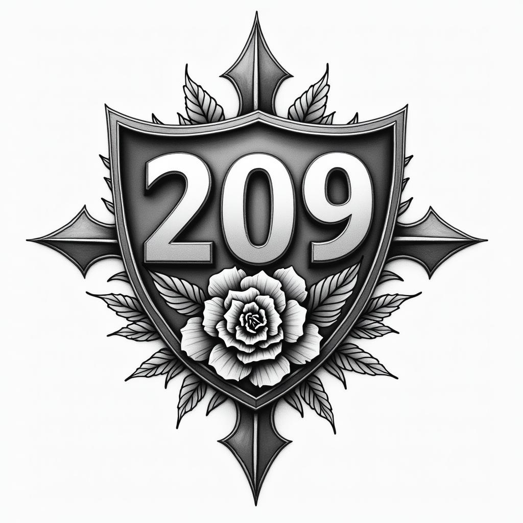 I want a 209 tattoo but with the modest Ca city sign right behind it and all the other city's sign behind it such as Ceres,Tracy,lathrop,Manteca,Turlock,lodi and Mercedhigly detailed tattoo - Variation 4