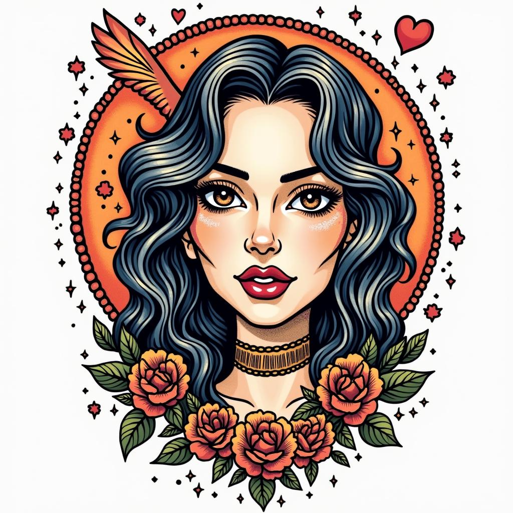 Christina Sagittarius Germanyin pop art style tattoo, featuring bold and vibrant colors, exaggerated outlines, iconic imagery, inspired by comic books and speech bubbles, comic book characters, retro pop culture