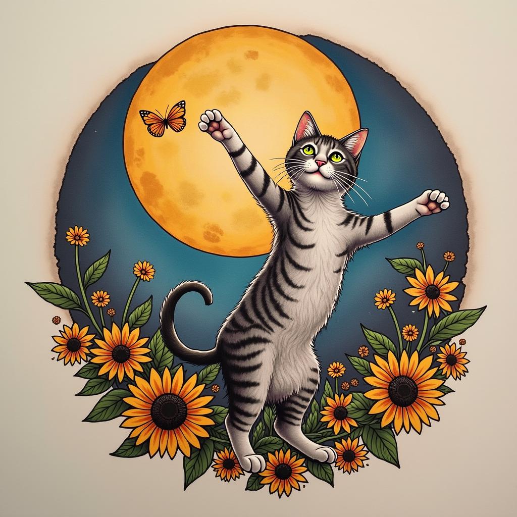 A whimsical tribute tattoo with a cat named Gypsy, dancing under a moon, surrounded by sunflowers and symbols of freedom, reflecting the emotional lyrics of 'Gypsy' by Fleetwood Mac.undefined