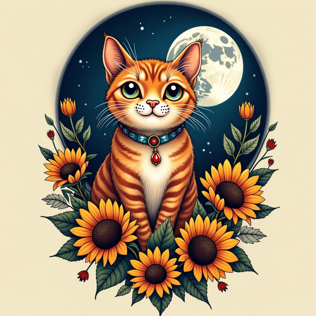 A heartfelt tattoo design of Gypsy the cat, incorporating a moonlit background, vibrant sunflowers, and free-spirited motifs, drawing inspiration from the song 'Gypsy' by Fleetwood Mac.undefined