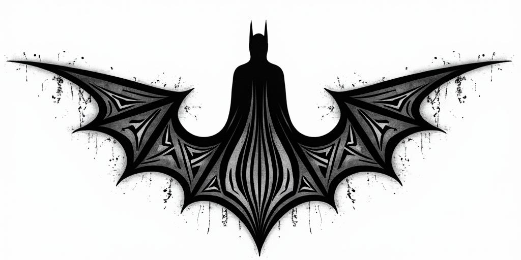 Silhouette of Batman against the horizon of Gotham.in tribal tattoo style, featuring bold and black geometric shapes, curved lines, intertwine and flow seamlessly, creating a powerful and symbolic design, polynesian and maori styles - Variation 3