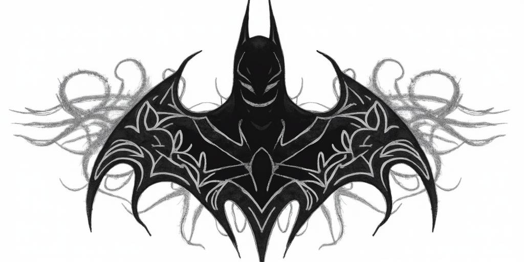Silhouette of Batman against the horizon of Gotham.in tribal tattoo style, featuring bold and black geometric shapes, curved lines, intertwine and flow seamlessly, creating a powerful and symbolic design, polynesian and maori styles - Variation 4