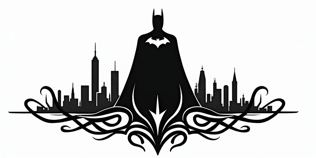 Silhouette of Batman against the horizon of Gotham.in tribal tattoo style, featuring bold and black geometric shapes, curved lines, intertwine and flow seamlessly, creating a powerful and symbolic design, polynesian and maori styles - Variation 2