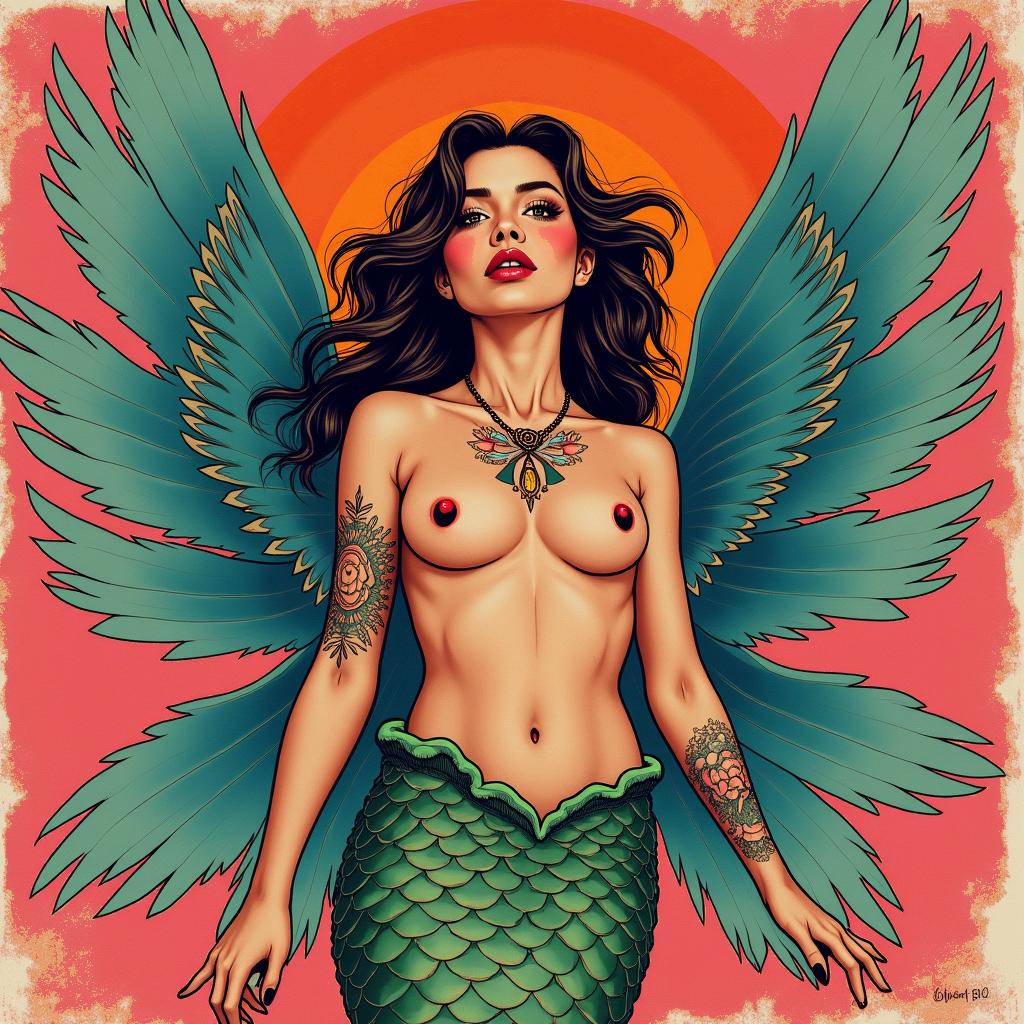 Angel wings on a mermaidin pop art style tattoo, featuring bold and vibrant colors, exaggerated outlines, iconic imagery, inspired by comic books and speech bubbles, comic book characters, retro pop culture - Variation 4