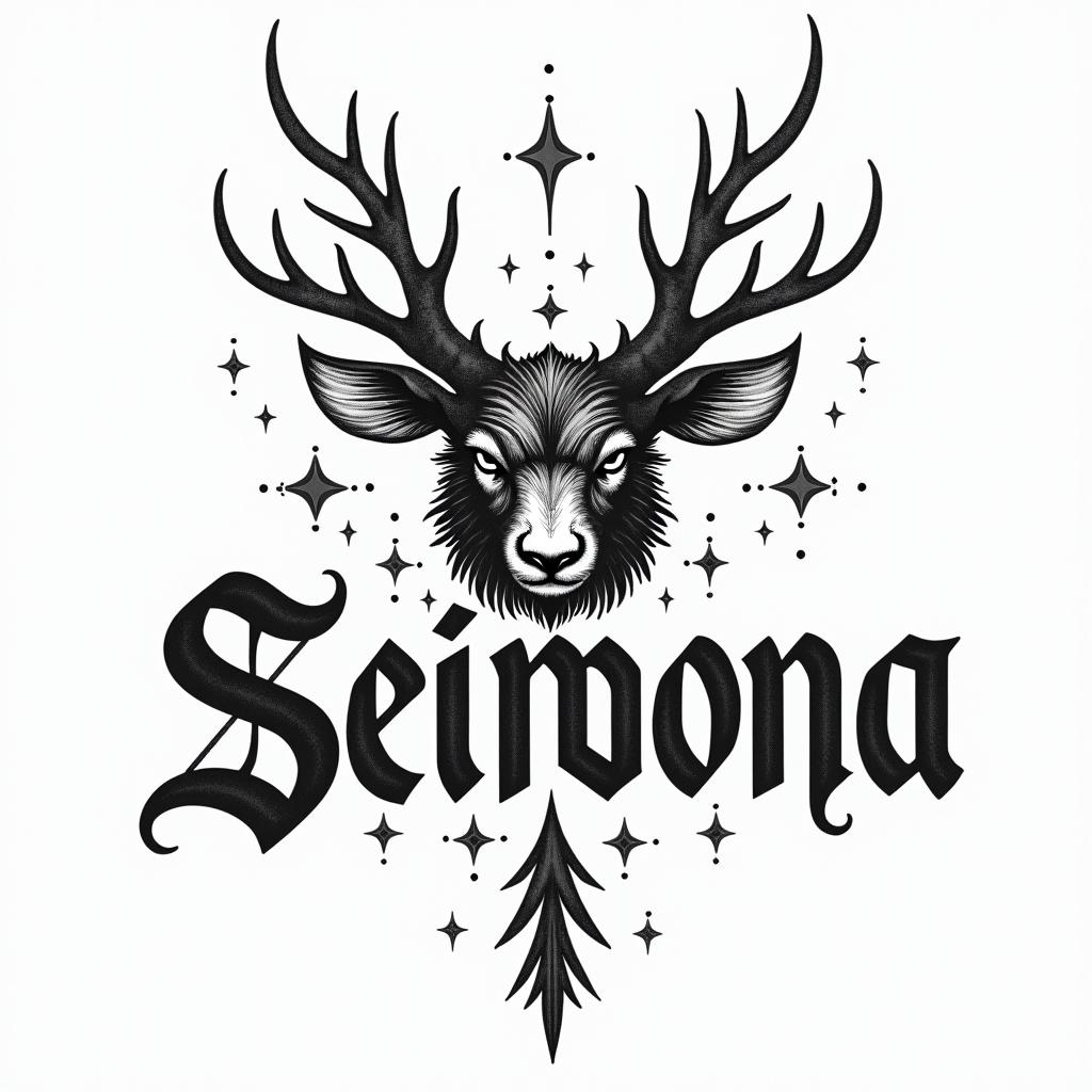 Simona Capricorn nature mountain nordic gods Biketext-based tattoo, japanese font ultra-realistic, perfectly placed, high-quality font design, photo-realistic shading, 8k, high quality, finely detailed typograph - Variation 3