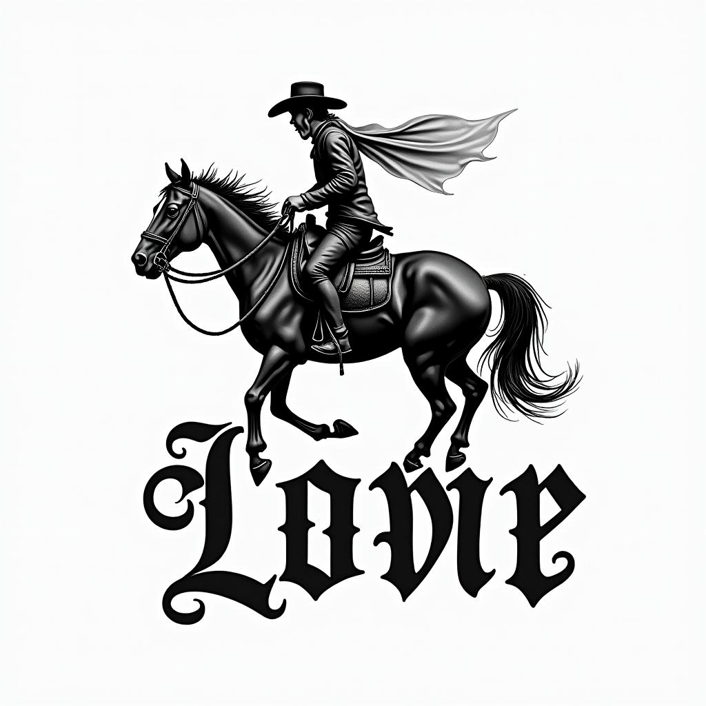 Love for western ridingtext-based tattoo, gothic font ultra-realistic, perfectly placed, high-quality font design, photo-realistic shading, 8k, high quality, finely detailed typography - Variation 2