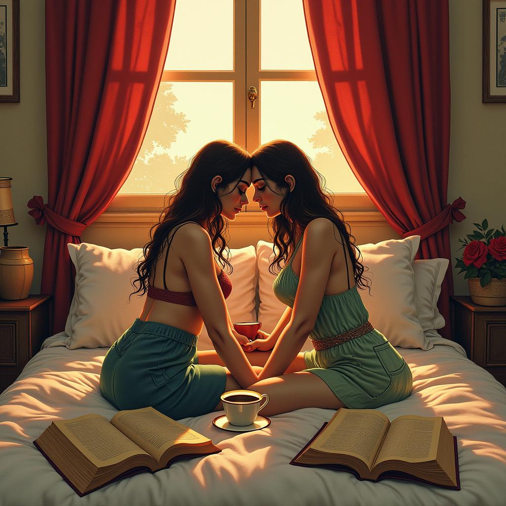 A tattoo design featuring a cozy bedroom scene with two women intertwined, symbolizing intimacy. The use of rich reds, greens, and browns is essential, depicting sunlight streaming in, two open books, and a cup of tea, creating a peaceful atmosphere.undefined - Variation 1