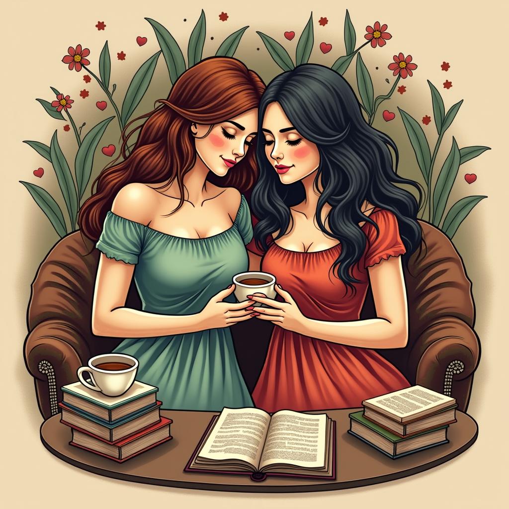 Create a tattoo design of two women in an intimate embrace, surrounded by elements of a cozy bedroom like books and a cup of tea, using warm colors like reds, greens, and browns to evoke a serene mood.undefined