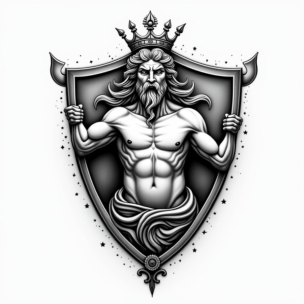 Atlético de Madrid shield and Neptune and the phrase never stop believing in a realistic way.higly detailed tattoo