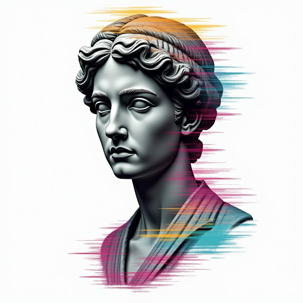 Paramedicin distorted and fragmented tattoo design, featuring a classical statue bust, in a glitch art style with vibrant, overlapping colors of cyan, magenta, and yellow, creating a digital distortion effect - Variation 4
