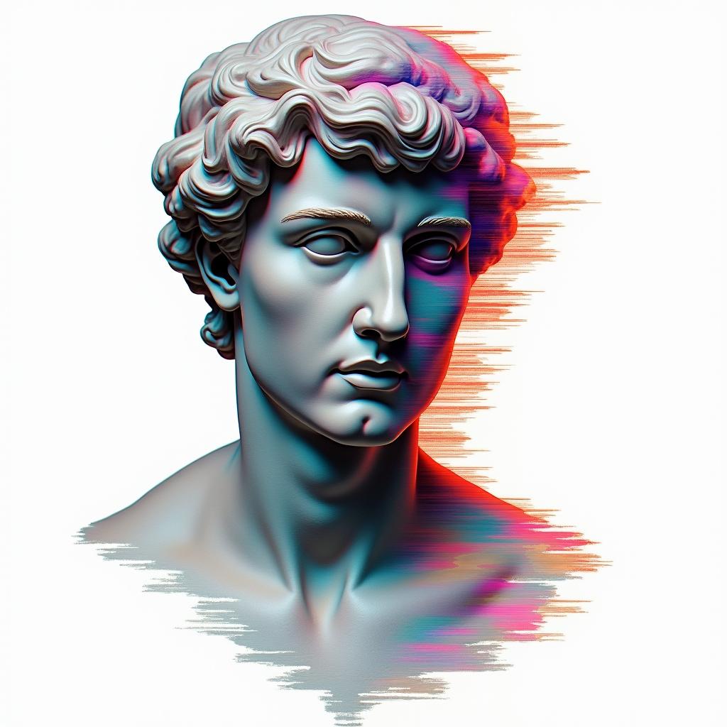 Paramedicin distorted and fragmented tattoo design, featuring a classical statue bust, in a glitch art style with vibrant, overlapping colors of cyan, magenta, and yellow, creating a digital distortion effect - Variation 3
