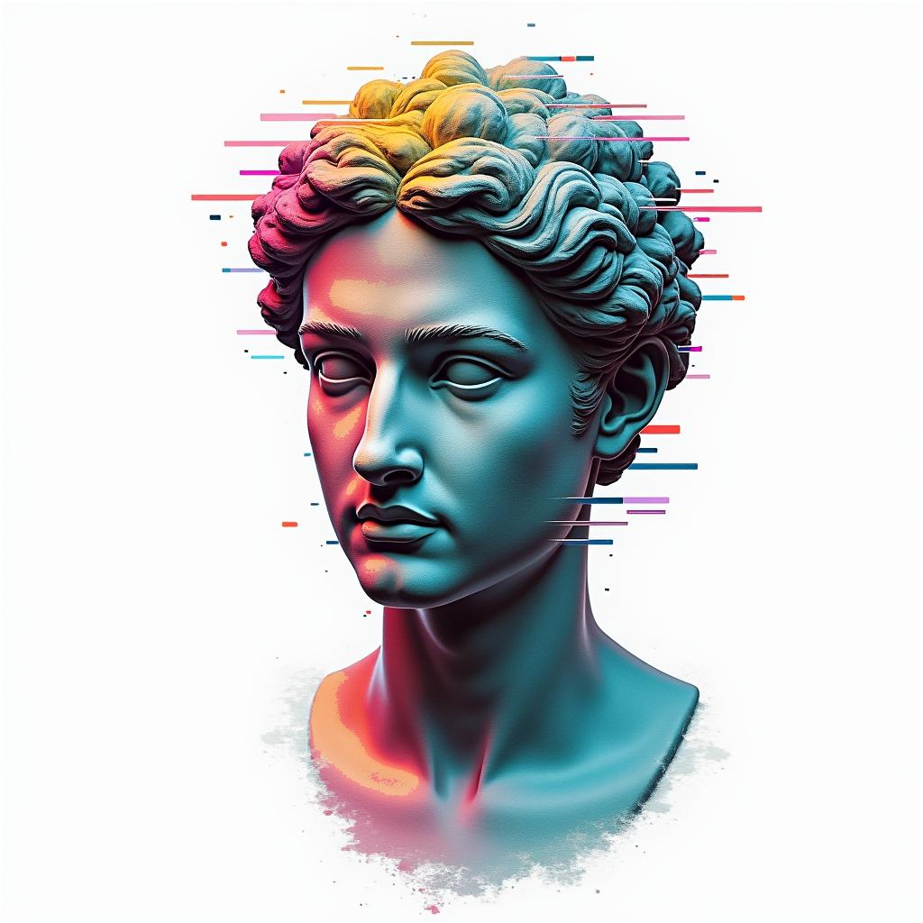 Paramedicin distorted and fragmented tattoo design, featuring a classical statue bust, in a glitch art style with vibrant, overlapping colors of cyan, magenta, and yellow, creating a digital distortion effect - Variation 2