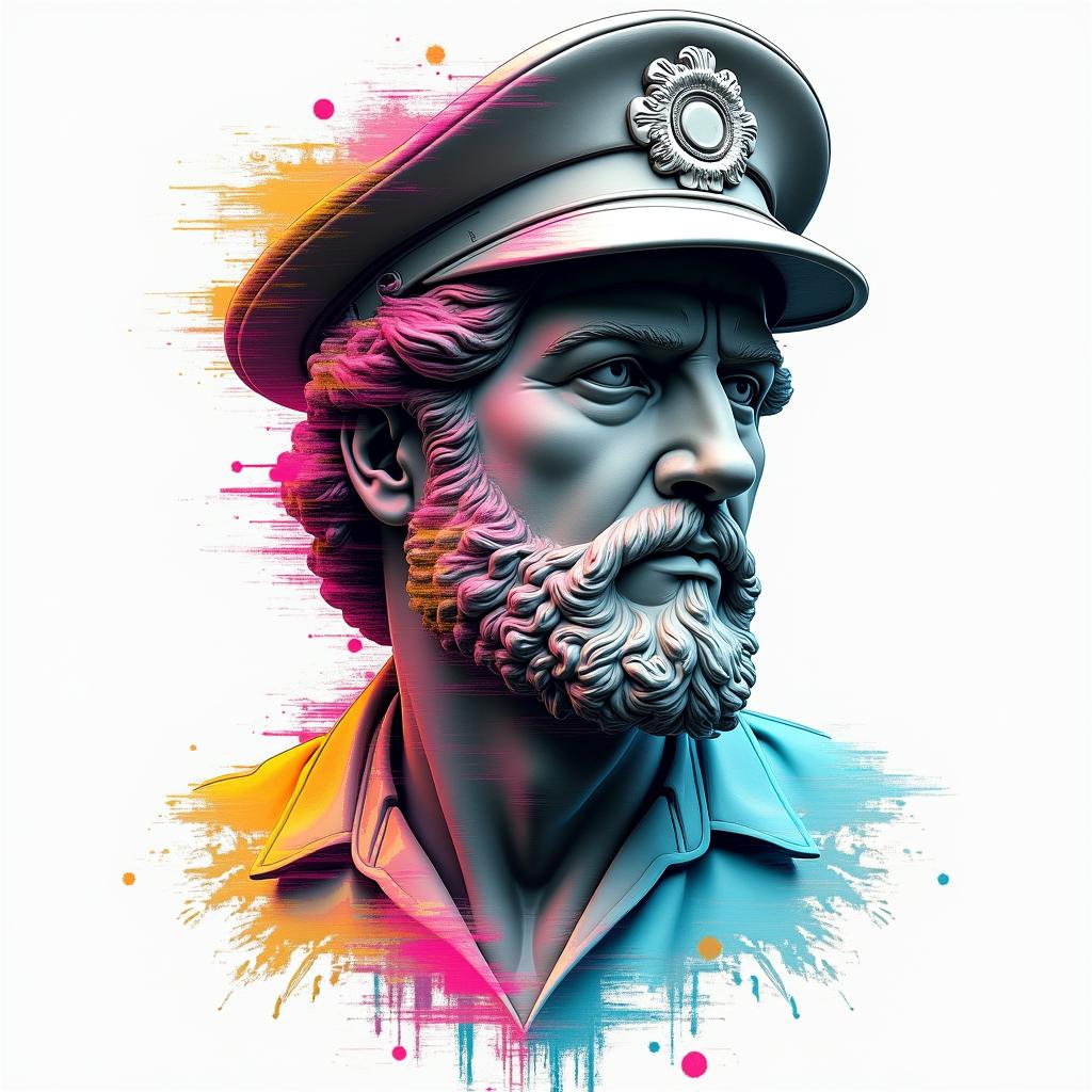 Paramedicin distorted and fragmented tattoo design, featuring a classical statue bust, in a glitch art style with vibrant, overlapping colors of cyan, magenta, and yellow, creating a digital distortion effect