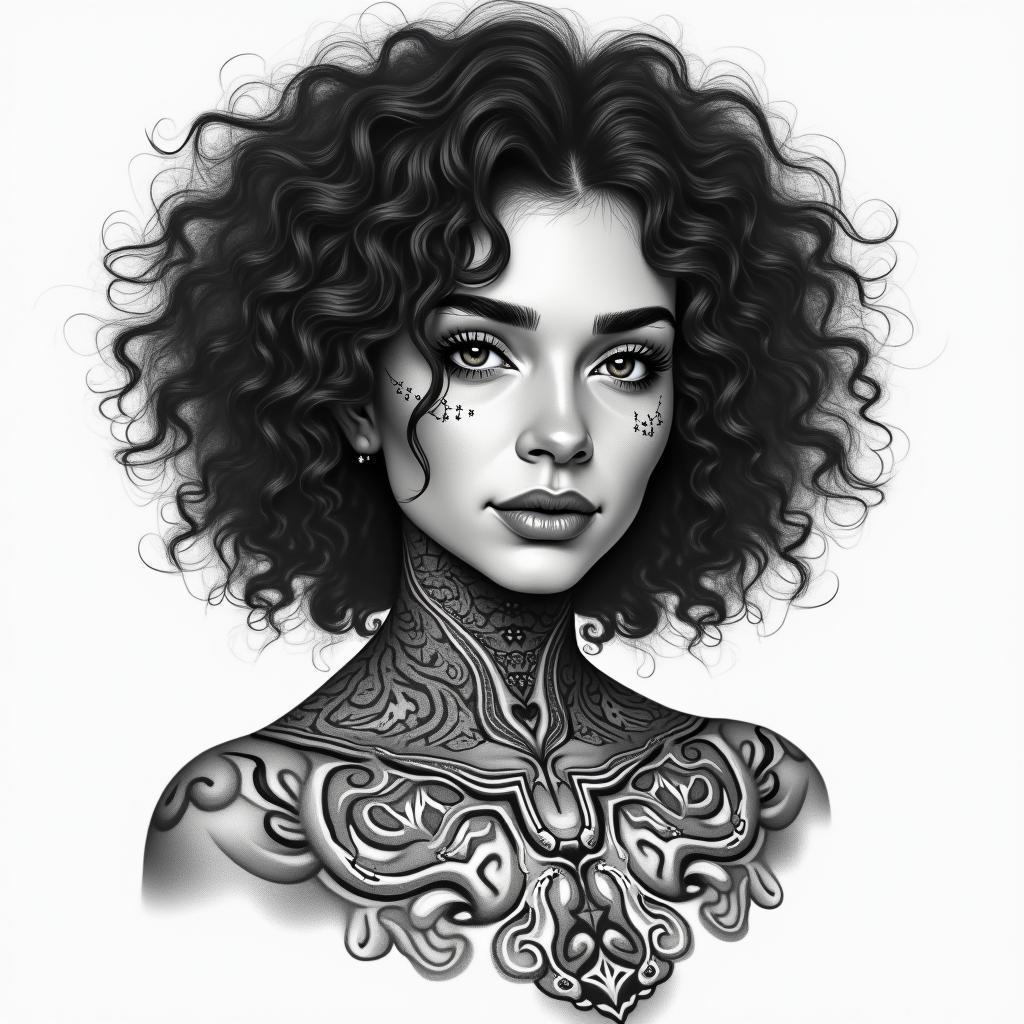 Gabriela, 22 years old, curly hair, dark-skinned, piercing on the eyebrow, on the lip, and on the nose. Libra sign.higly detailed tattoo
