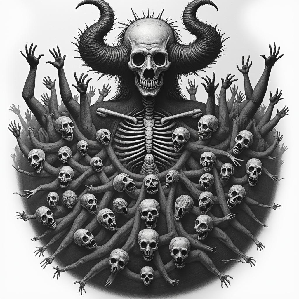 A large gothic chest piece depicting a scene inspired by 'The Last Judgement' by Jan Van Eyck, featuring a large demonic entity resembling a skeleton at the bottom, overseeing a tumultuous array of souls escaping from hell. The souls are diverse, expressing various emotions of screaming, crying, and clawing their way out, with figures pouring over each other. The tattoo is dominated by dark colors, incorporating pentacles and demonic symbols throughout the design, conveying a deep emotional and thought-provoking theme of resilience and escape from personal agony.higly detailed tattoo - Variation 4