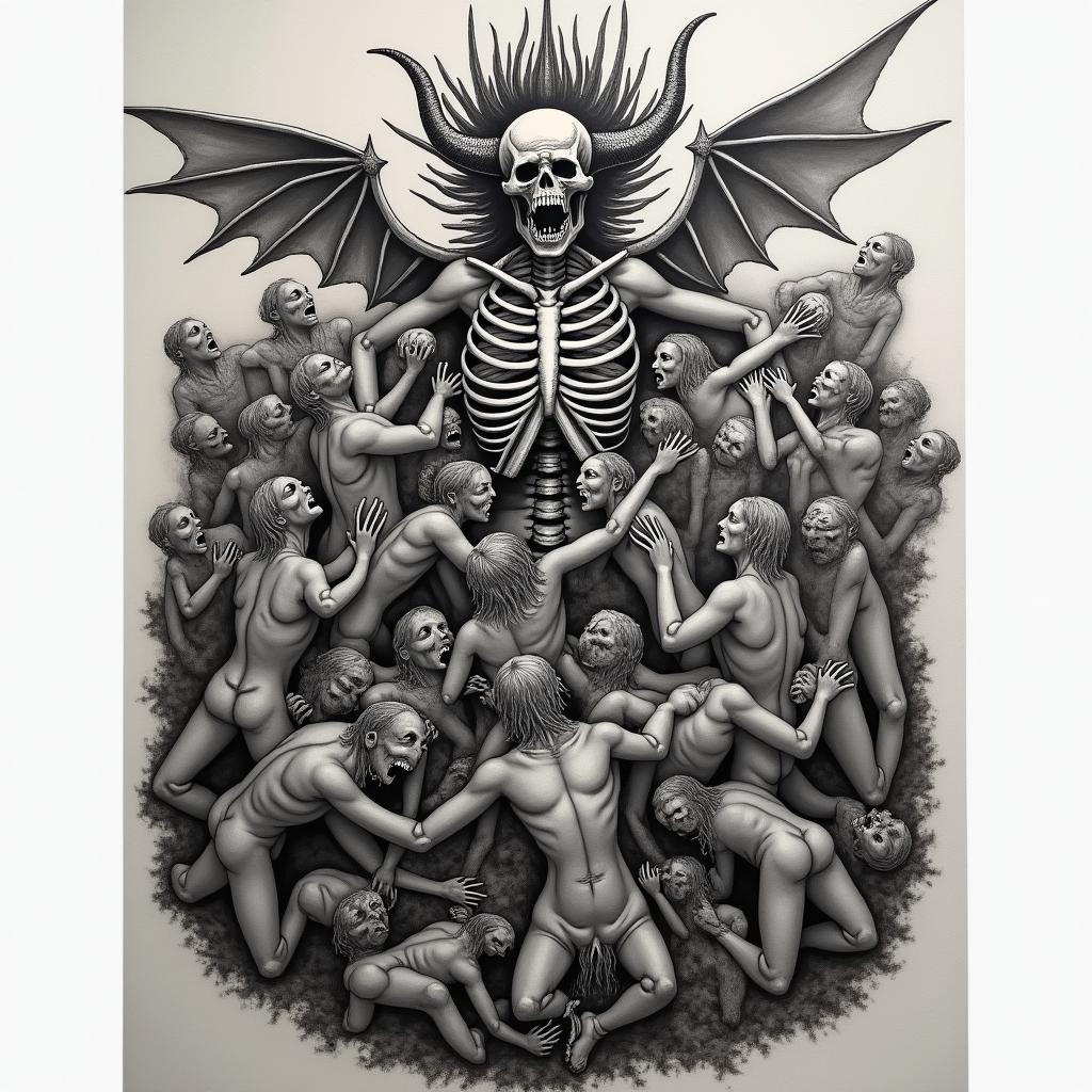 A large gothic chest piece depicting a scene inspired by 'The Last Judgement' by Jan Van Eyck, featuring a large demonic entity resembling a skeleton at the bottom, overseeing a tumultuous array of souls escaping from hell. The souls are diverse, expressing various emotions of screaming, crying, and clawing their way out, with figures pouring over each other. The tattoo is dominated by dark colors, incorporating pentacles and demonic symbols throughout the design, conveying a deep emotional and thought-provoking theme of resilience and escape from personal agony.higly detailed tattoo - Variation 2