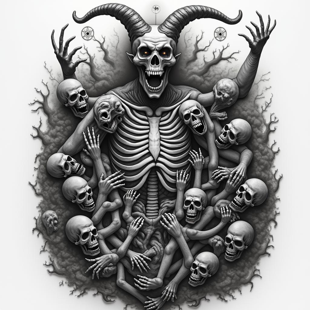 A large gothic chest piece depicting a scene inspired by 'The Last Judgement' by Jan Van Eyck, featuring a large demonic entity resembling a skeleton at the bottom, overseeing a tumultuous array of souls escaping from hell. The souls are diverse, expressing various emotions of screaming, crying, and clawing their way out, with figures pouring over each other. The tattoo is dominated by dark colors, incorporating pentacles and demonic symbols throughout the design, conveying a deep emotional and thought-provoking theme of resilience and escape from personal agony.higly detailed tattoo - Variation 3