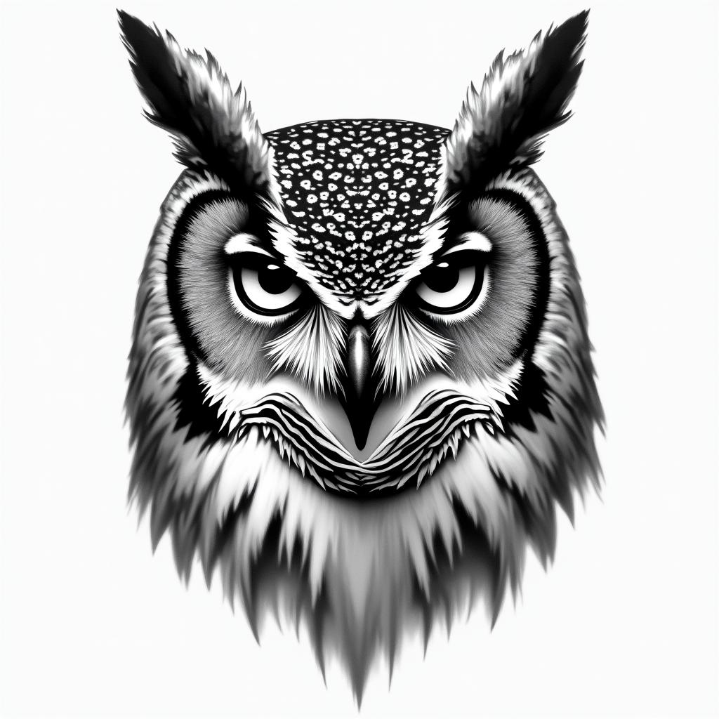 half of an owls facein portrait tattoo style, featuring a highly realistic and detailed depiction