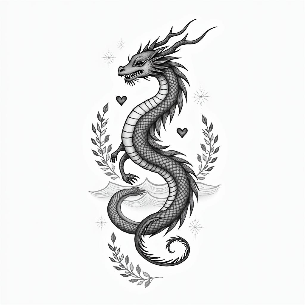 DRAGON and peoneysin Modest style tattoo, featuring soft, delicate line work with simple and meaningful symbols, gentle waves, a heart, evoking a sense of serenity and grace, - Variation 6