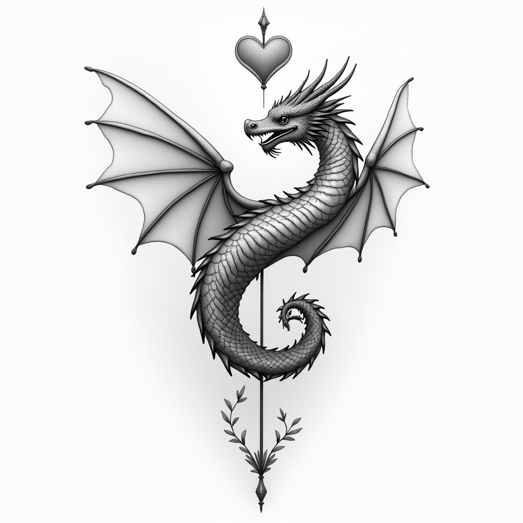 DRAGON and peoneysin Modest style tattoo, featuring soft, delicate line work with simple and meaningful symbols, gentle waves, a heart, evoking a sense of serenity and grace, - Variation 8