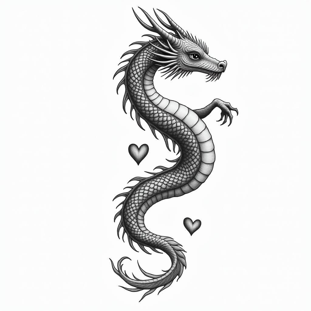 DRAGON and peoneysin Modest style tattoo, featuring soft, delicate line work with simple and meaningful symbols, gentle waves, a heart, evoking a sense of serenity and grace, - Variation 5