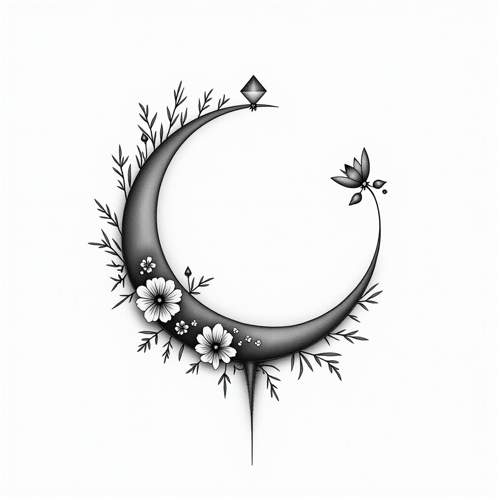 Moon and flowersin minimalist style tattoo, featuring simple shapes and fine lines, with minimal shading and details, tiny triangles, creating a sense of balance and harmony - Variation 5