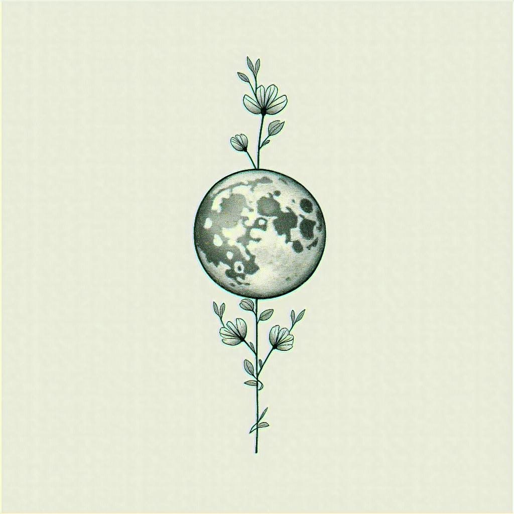 Moon and flowersin minimalist style tattoo, featuring simple shapes and fine lines, with minimal shading and details, tiny triangles, creating a sense of balance and harmony - Variation 8