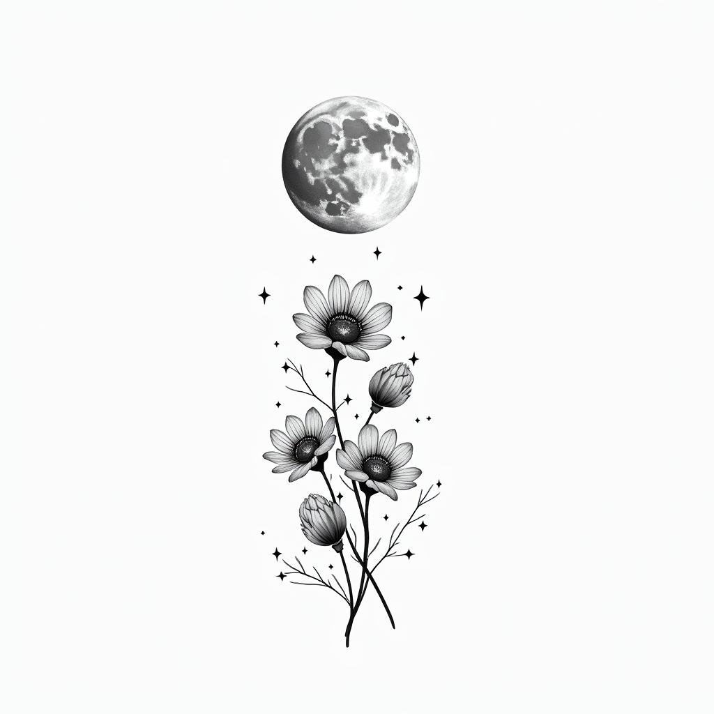 Moon and flowersin minimalist style tattoo, featuring simple shapes and fine lines, with minimal shading and details, tiny triangles, creating a sense of balance and harmony - Variation 6